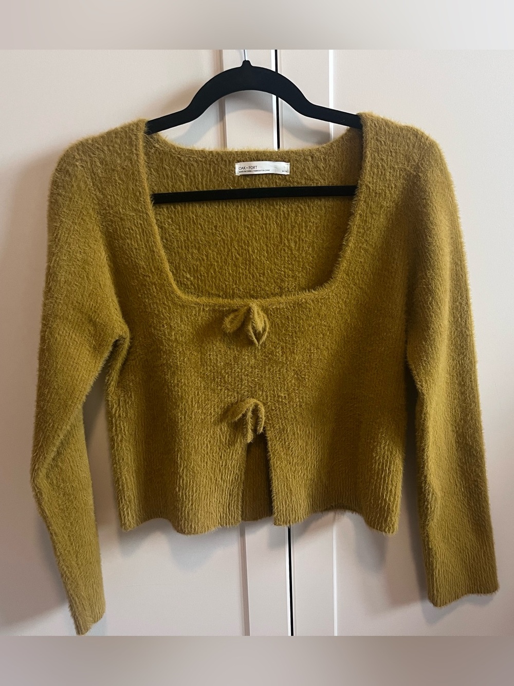 OAK + FORT Fuzzy Tie Front Square Neck Cropped Cardigan Sweater Mustard Olive M